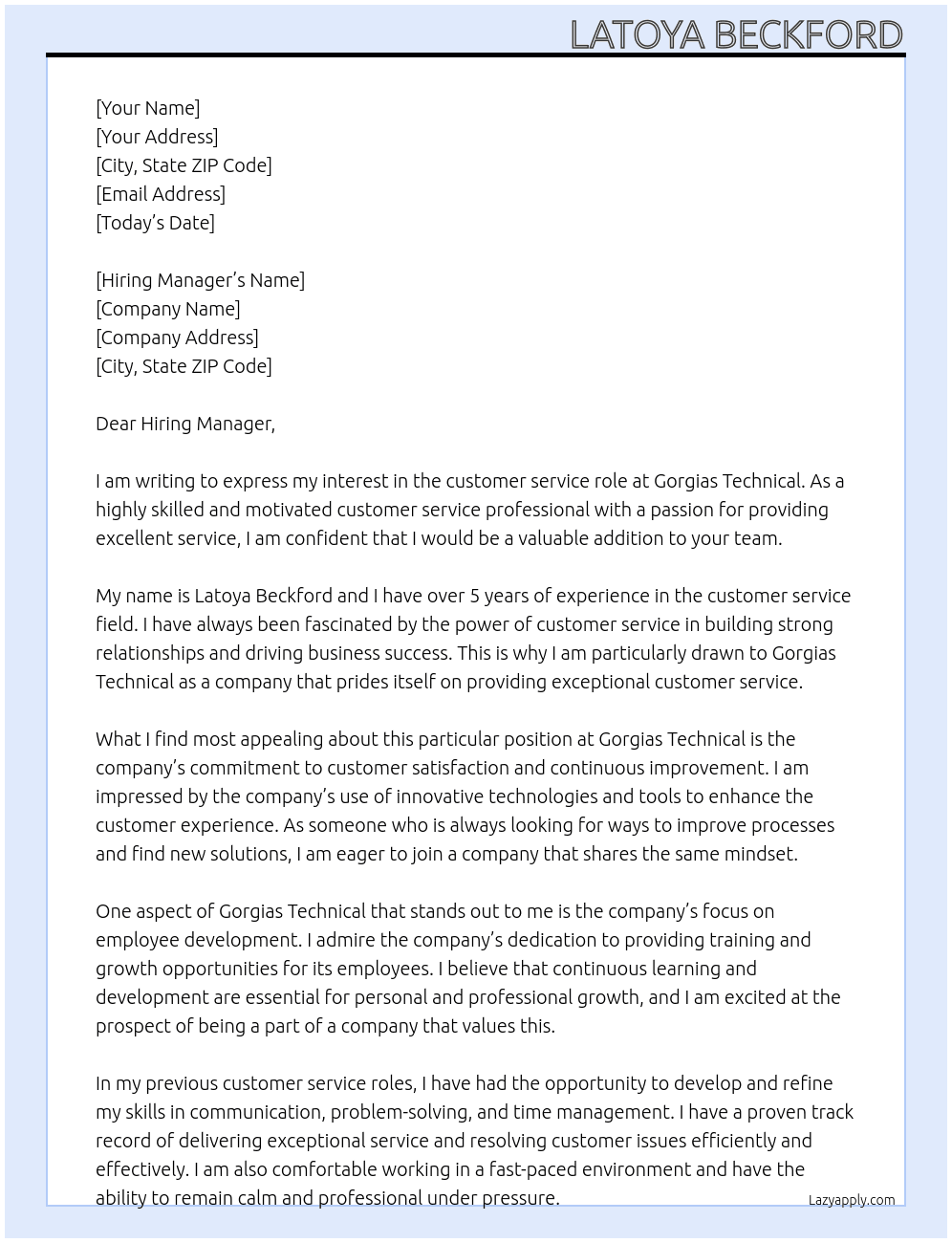 customer service At Gorgias Technical Cover Letter
