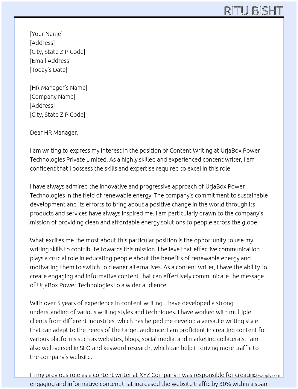Content Writing At  UrjaBox Power Technologies Private Limited Cover Letter