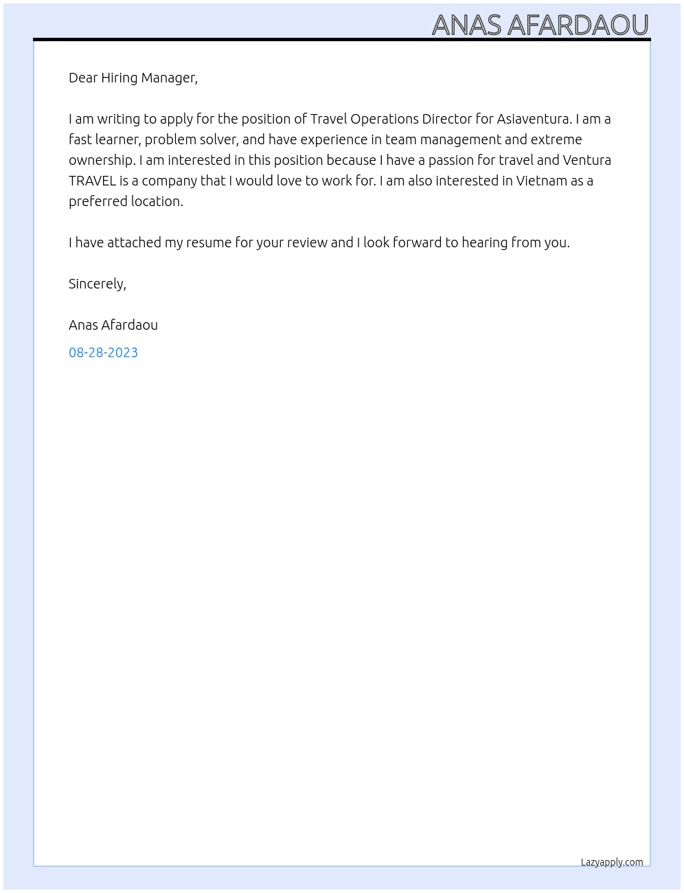 Cover letter for travel operations director for asiaventura - LazyApply