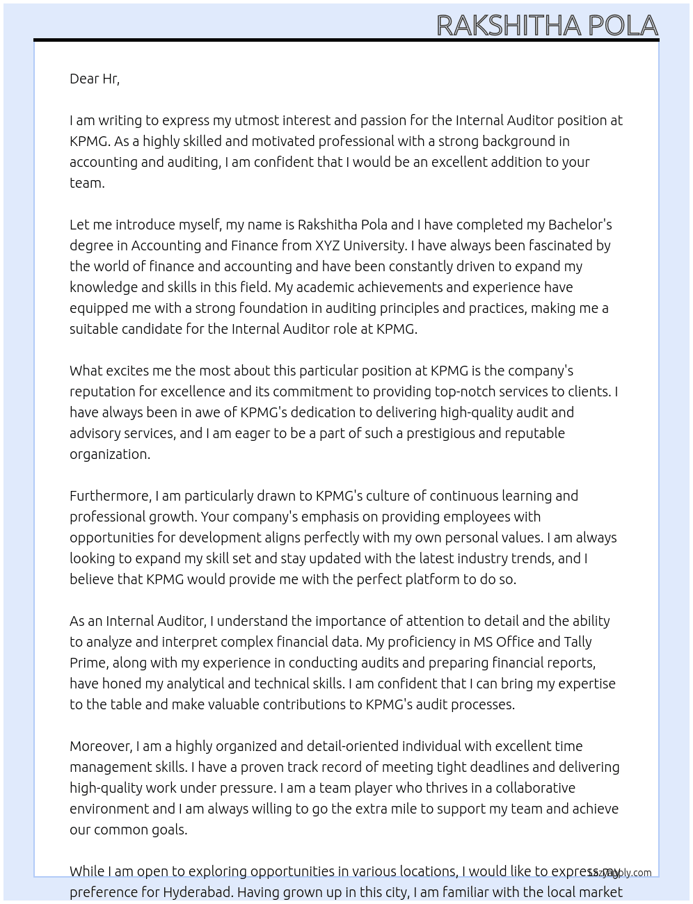 Internal Auditor  At KPMG  Cover Letter