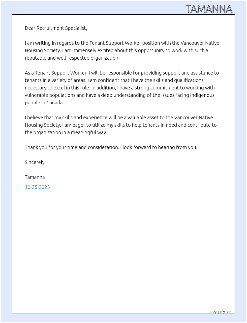 VANCOUVER NATIVE HOUSING SOCIETY ▪ At Tenant Support Worker Cover Letter
