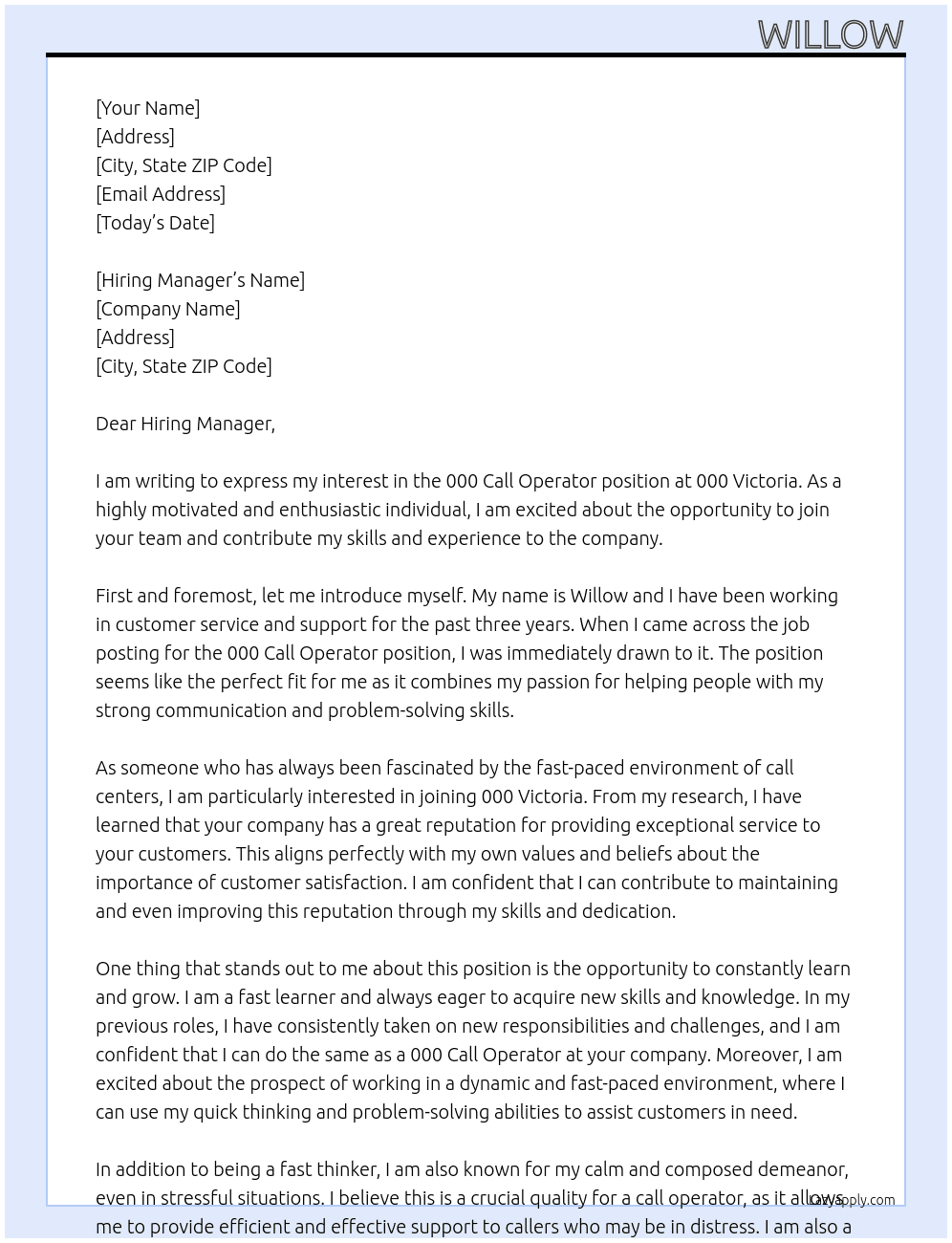 000 call operator At 000 Victoria  Cover Letter