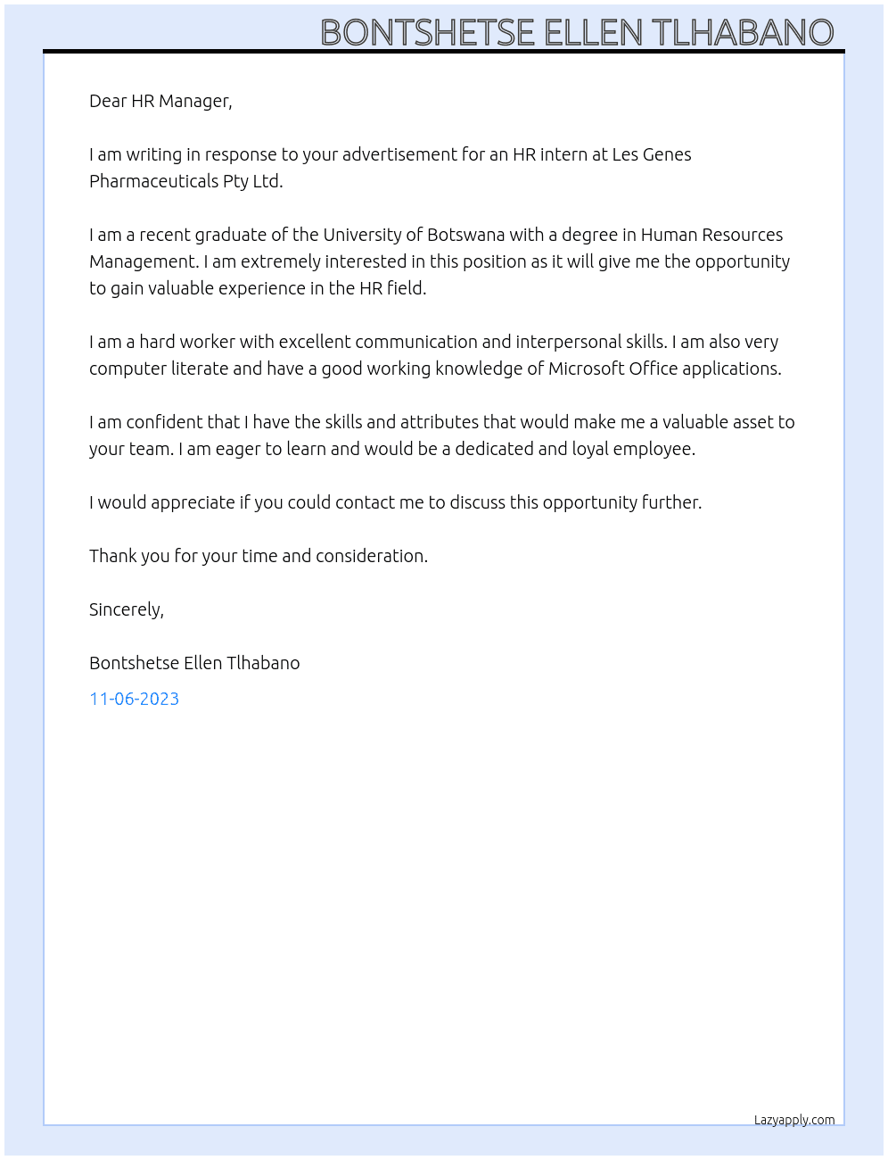 HR intern At Les Genes Pharmaceuticals Pty Ltd Cover Letter