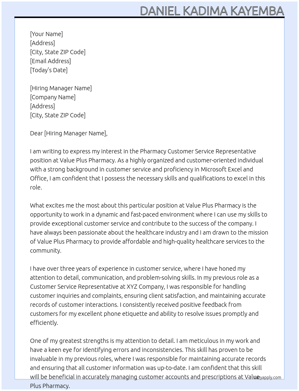 Pharmacy Customer Service Representative At Value Plus Pharmacy Cover Letter