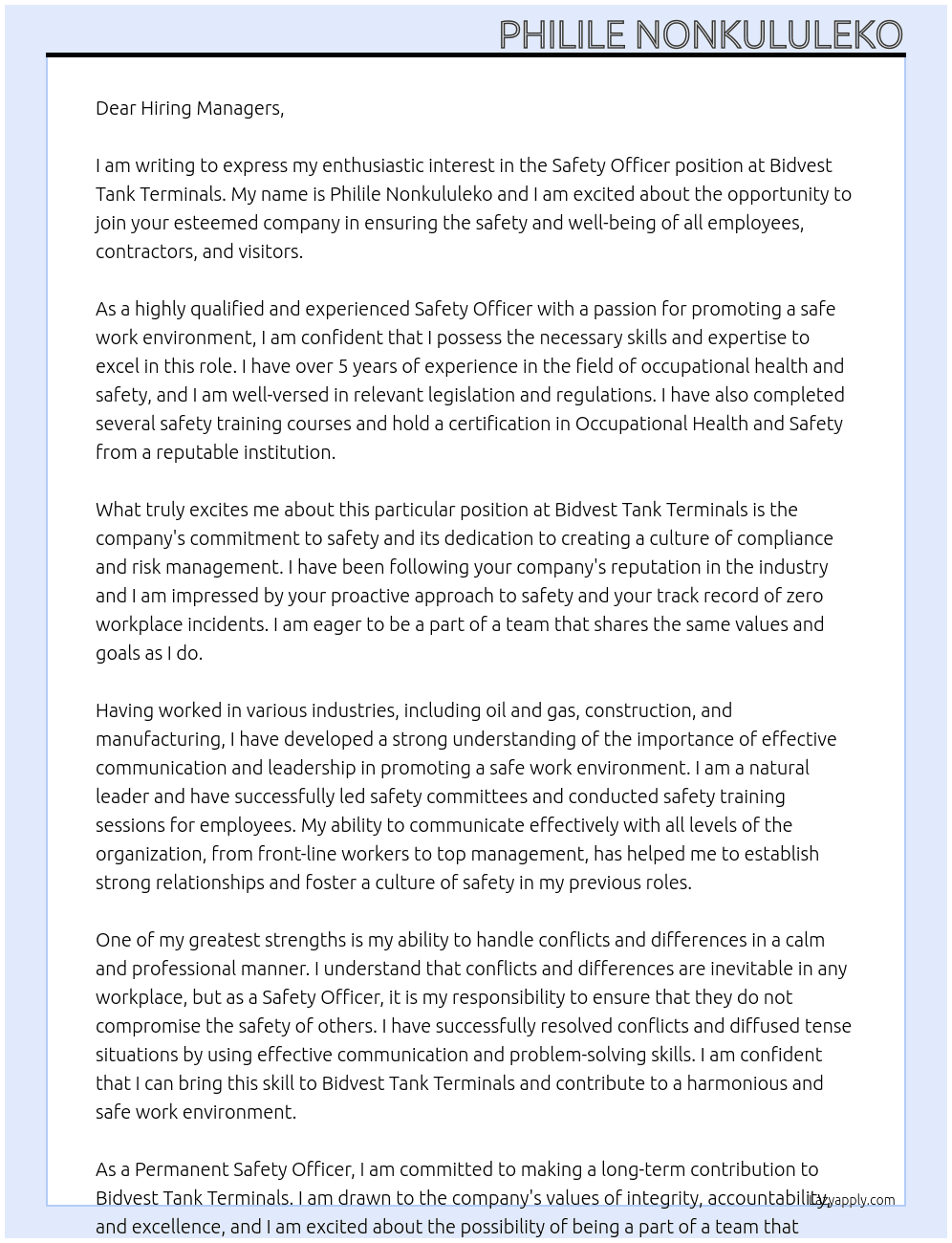 Safety officer  At  Bidvest Tank Terminals  Cover Letter