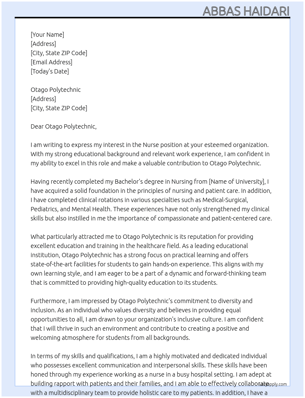 nurse At Otago Polytechnic Cover Letter