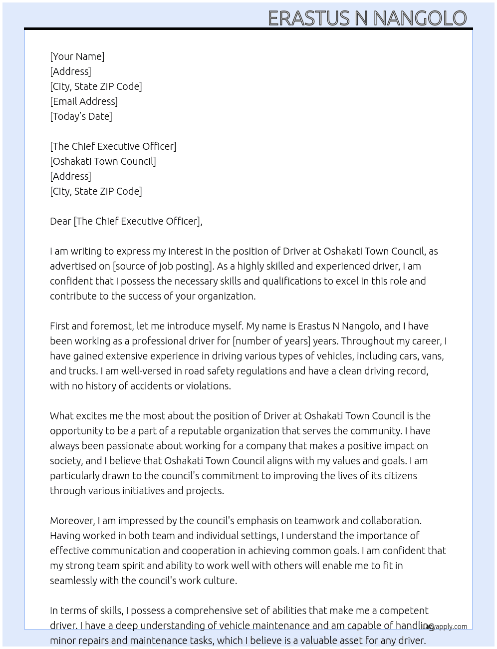 Driver At Oshakati Town Council  Cover Letter