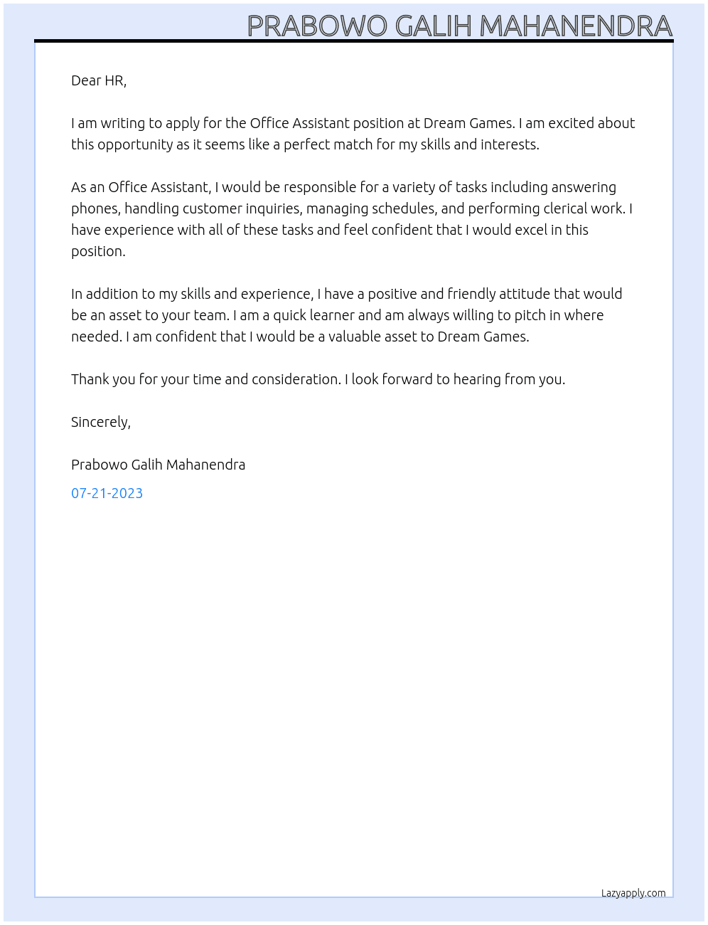 Office Assistant At Dream Games Cover Letter