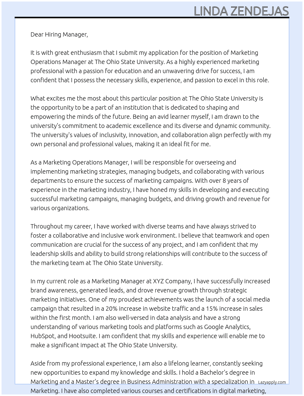 Marketing Operations Manager At The Ohio State University Cover Letter