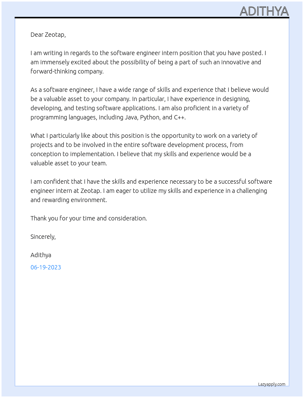 software engineer - intern At Zeotap Cover Letter