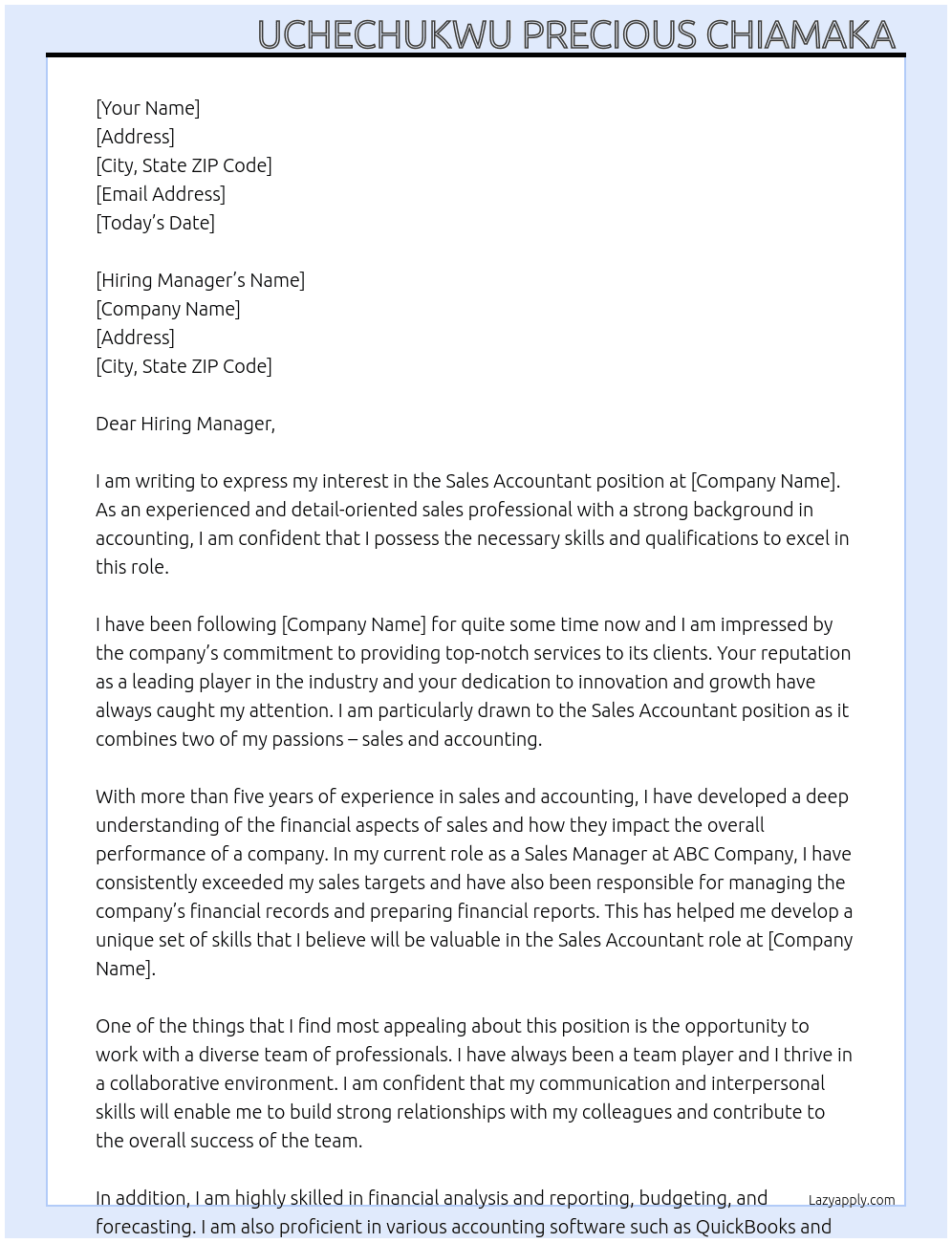Sales accountant  At No company yet  Cover Letter