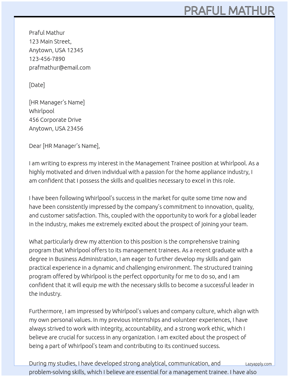 management Trainee At whirlpool Cover Letter