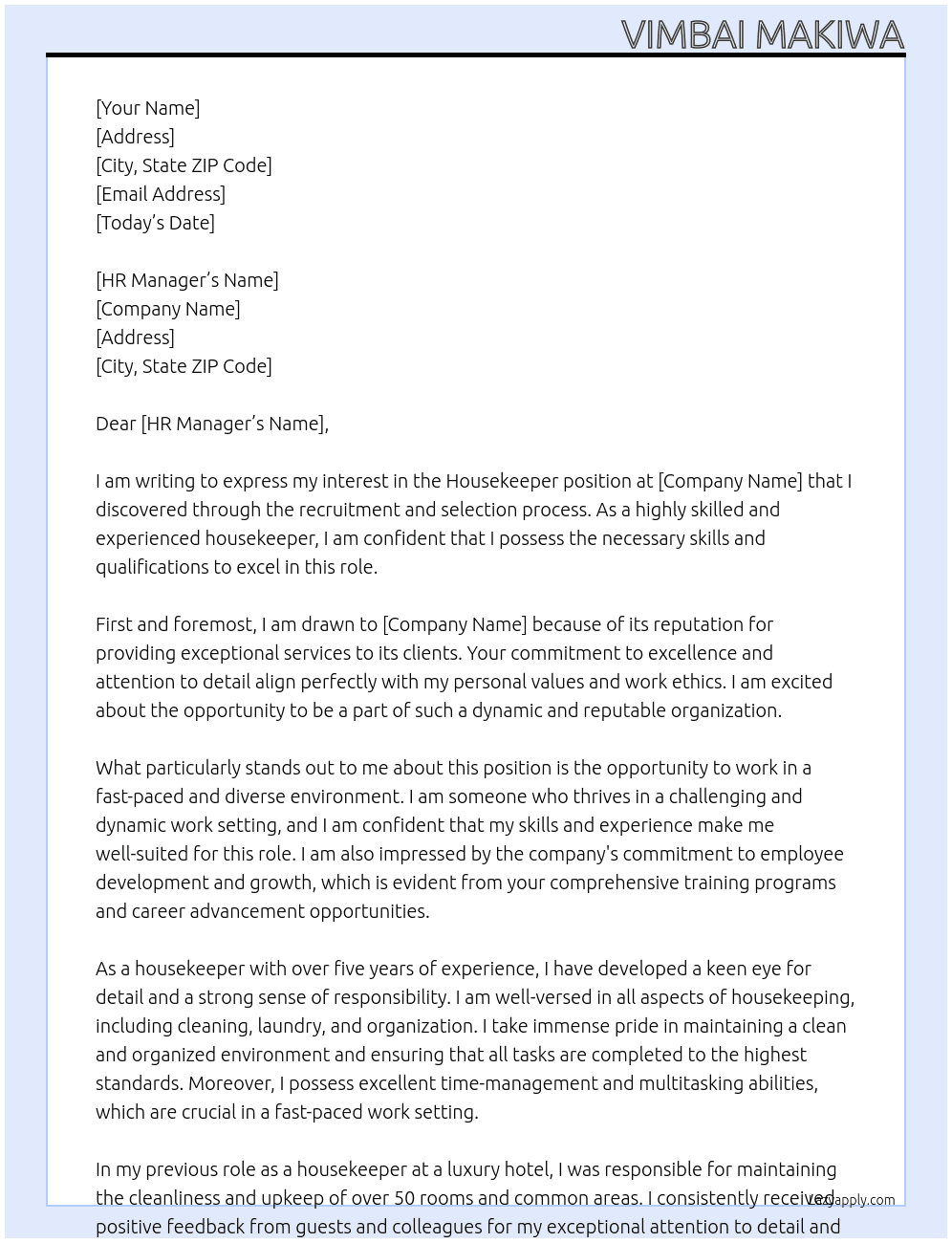 Housekeeper At Recruitment and selection  Cover Letter