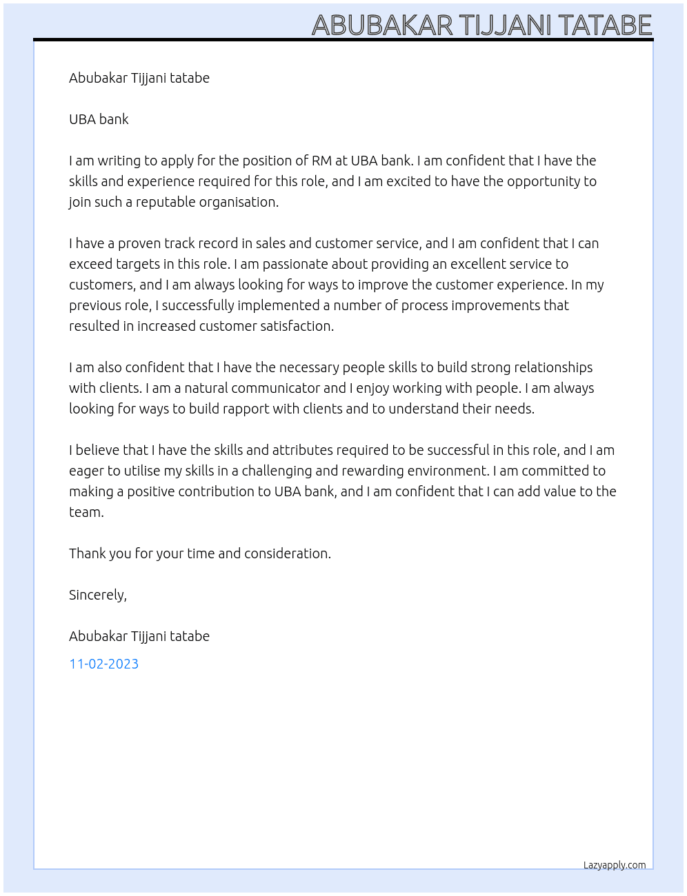 RM At UBA bank  Cover Letter