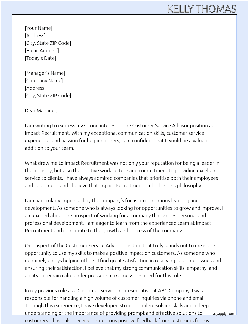 Customer service Advisor  At Impact recruitment  Cover Letter