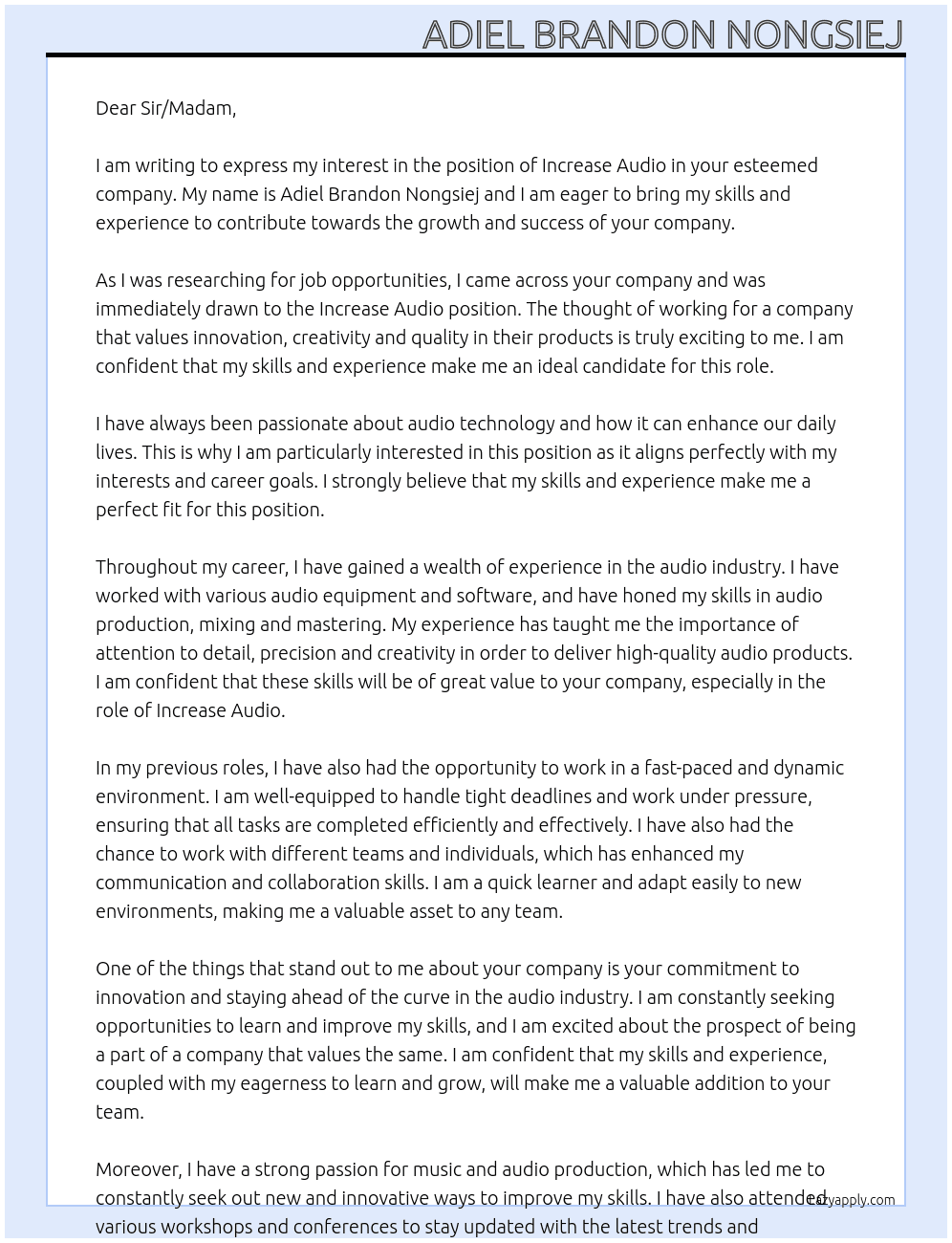 Increase Audio At Individual  Cover Letter