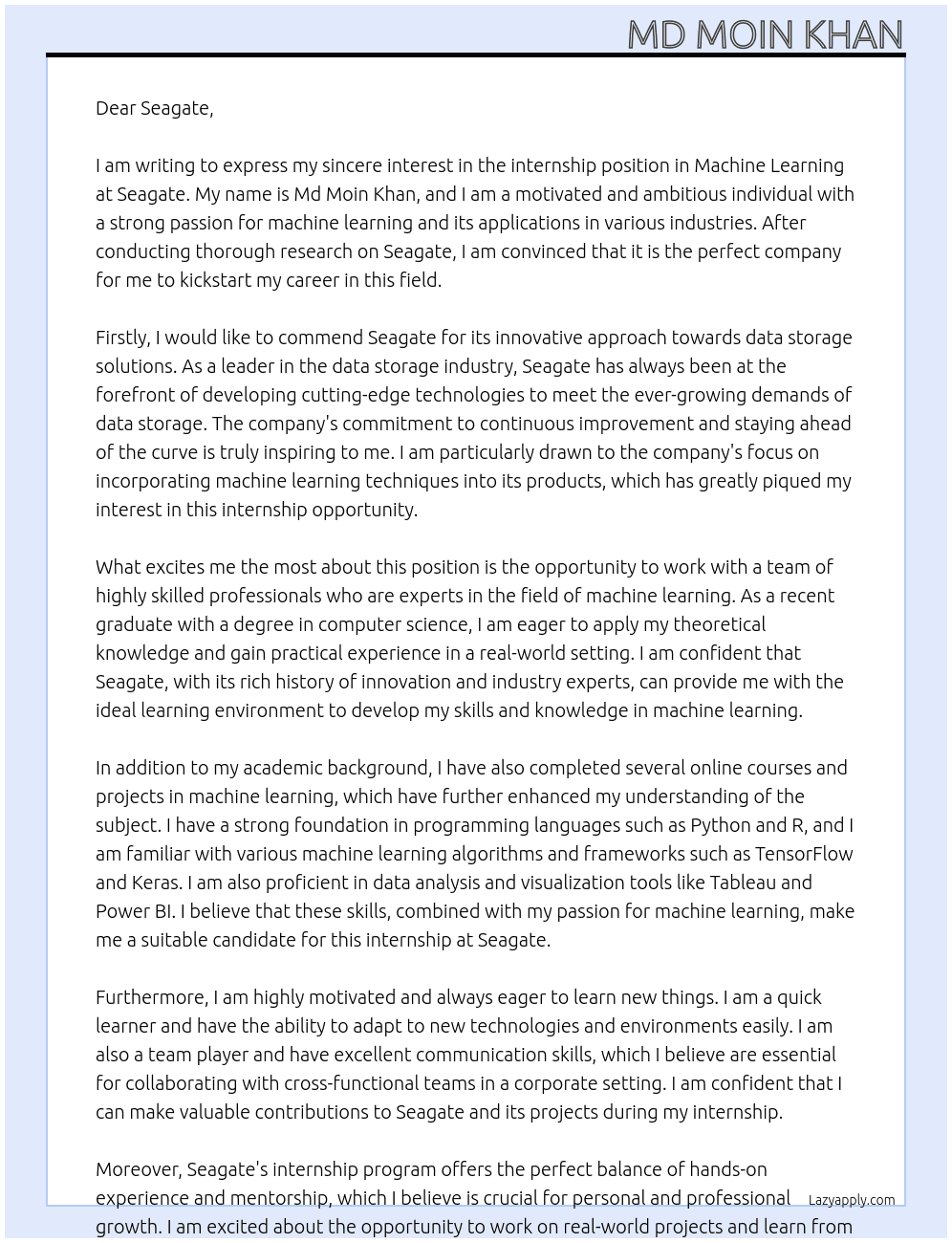 internship in machine learning At Seagate Cover Letter