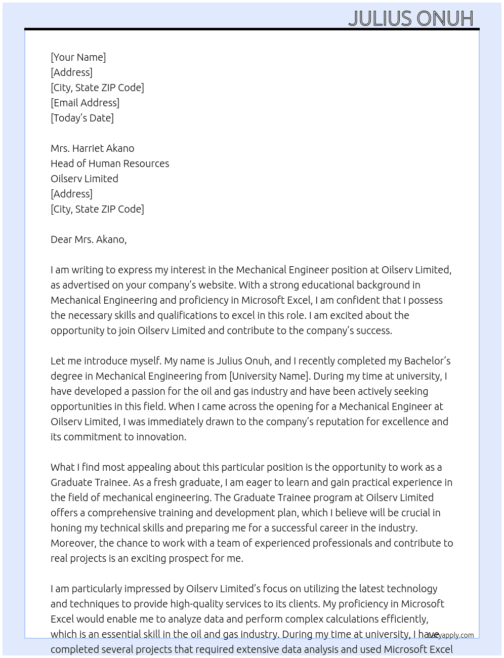 Mechanical Engineer  At Oilserv Limited  Cover Letter