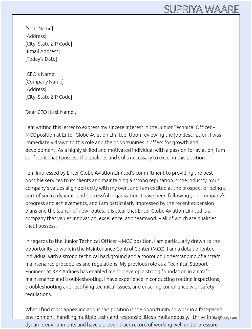 Junior technical officer -mcc At Enter globe aviation limited  Cover Letter