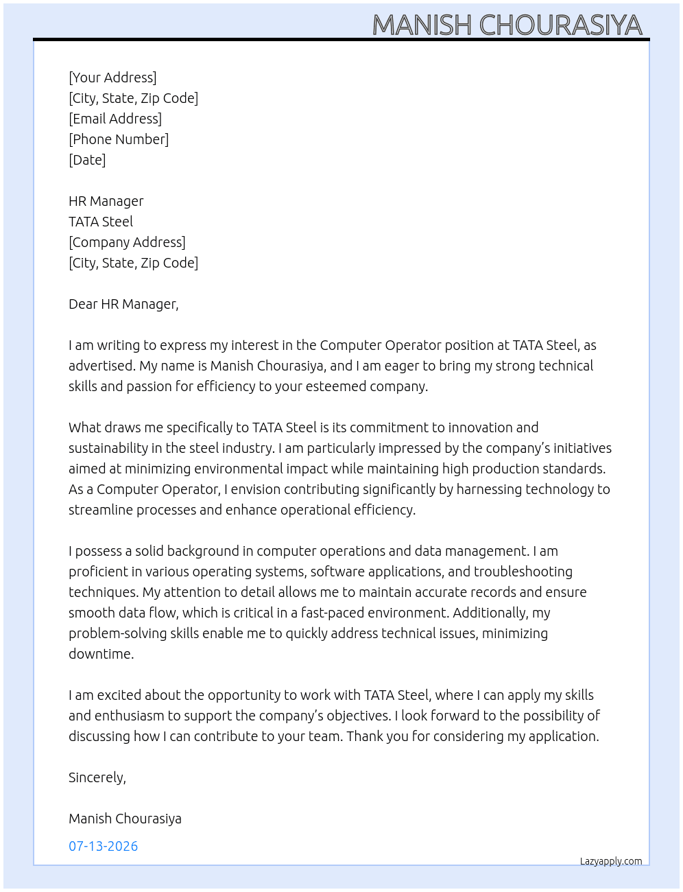 Computer Operator  At TATA steel  Cover Letter
