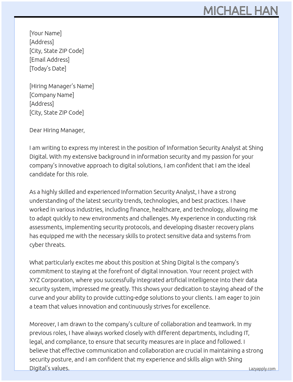 Information Security Analyst At Shing Digital Cover Letter