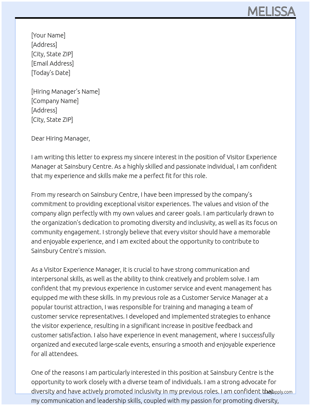 Visitor Experience Manager At Sainsbury Centre Cover Letter