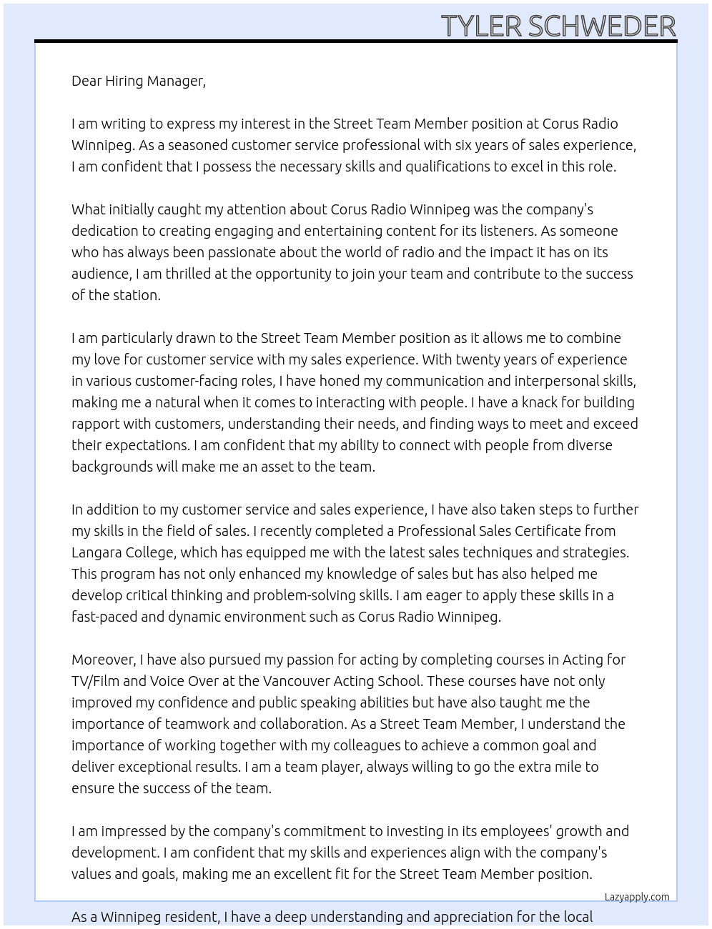 Street Team Member At Corus Radio Winnipeg Cover Letter