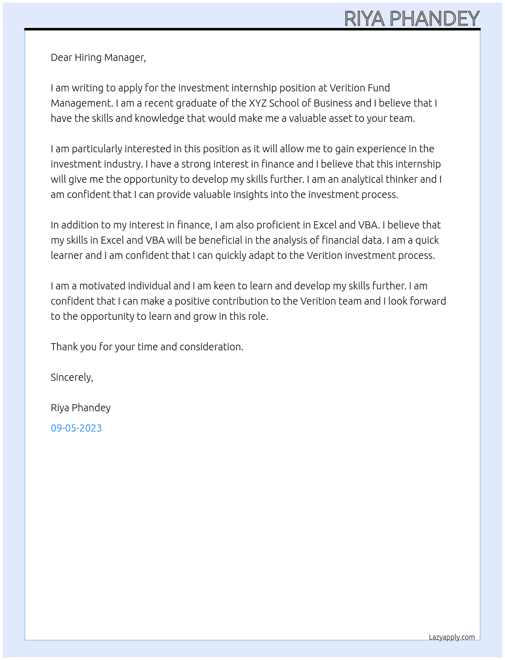 Investment internship At Verition Fund Management Cover Letter