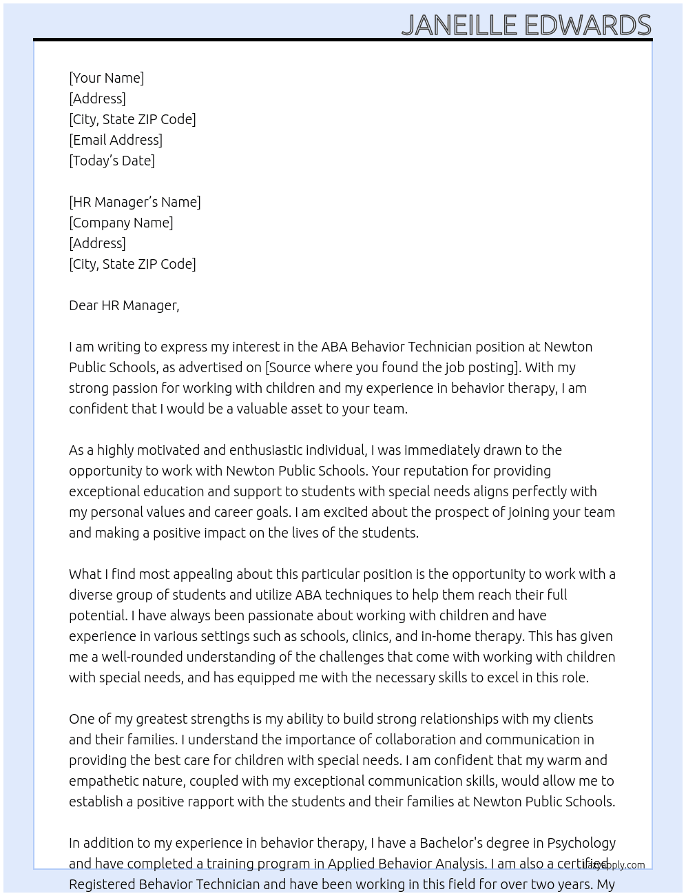 ABA Behavior Technician At Newton Public Schools Cover Letter