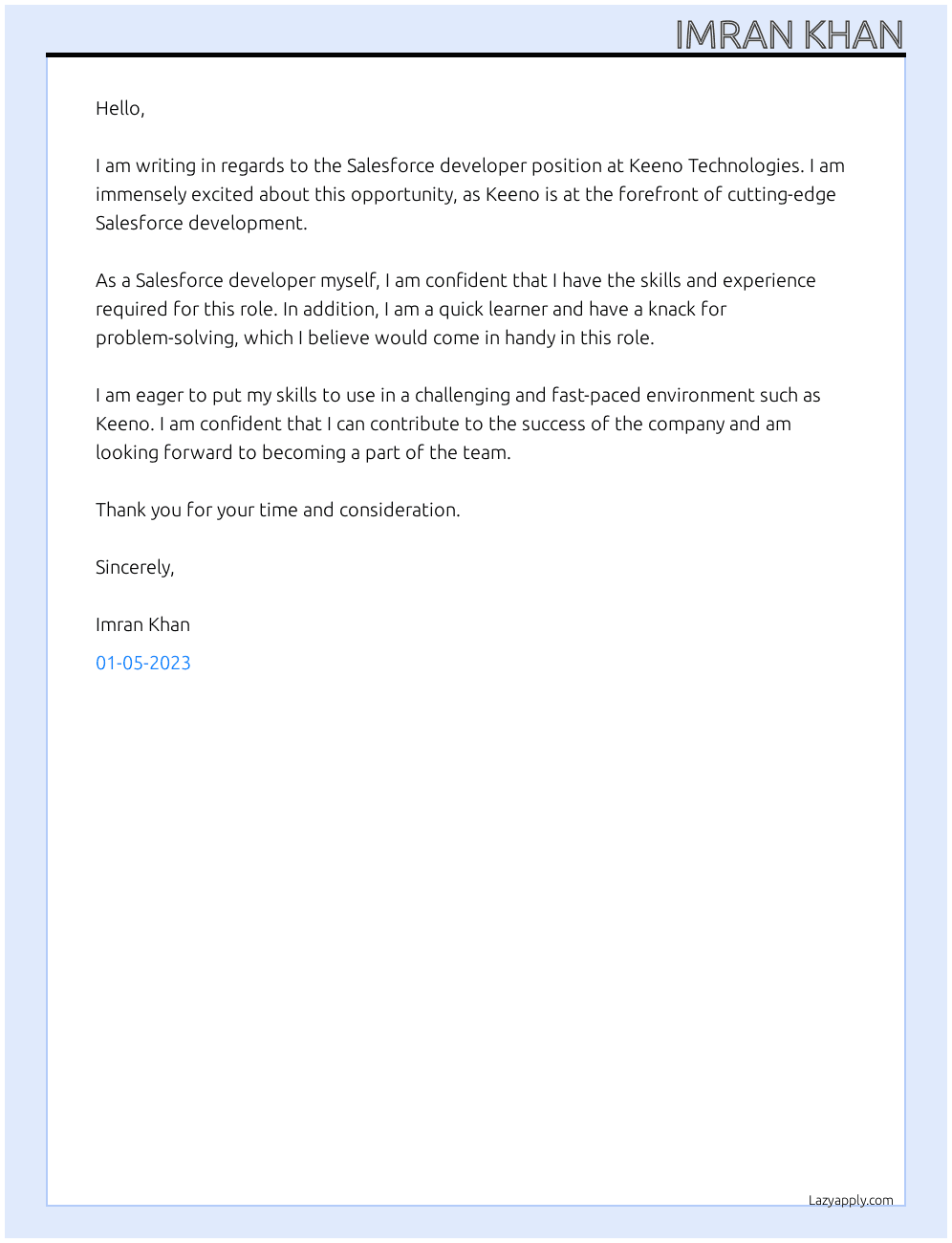 Salesforce developer At Keeno technologies Cover Letter