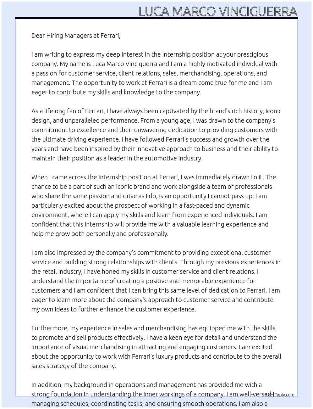 Internship At Ferrari Cover Letter