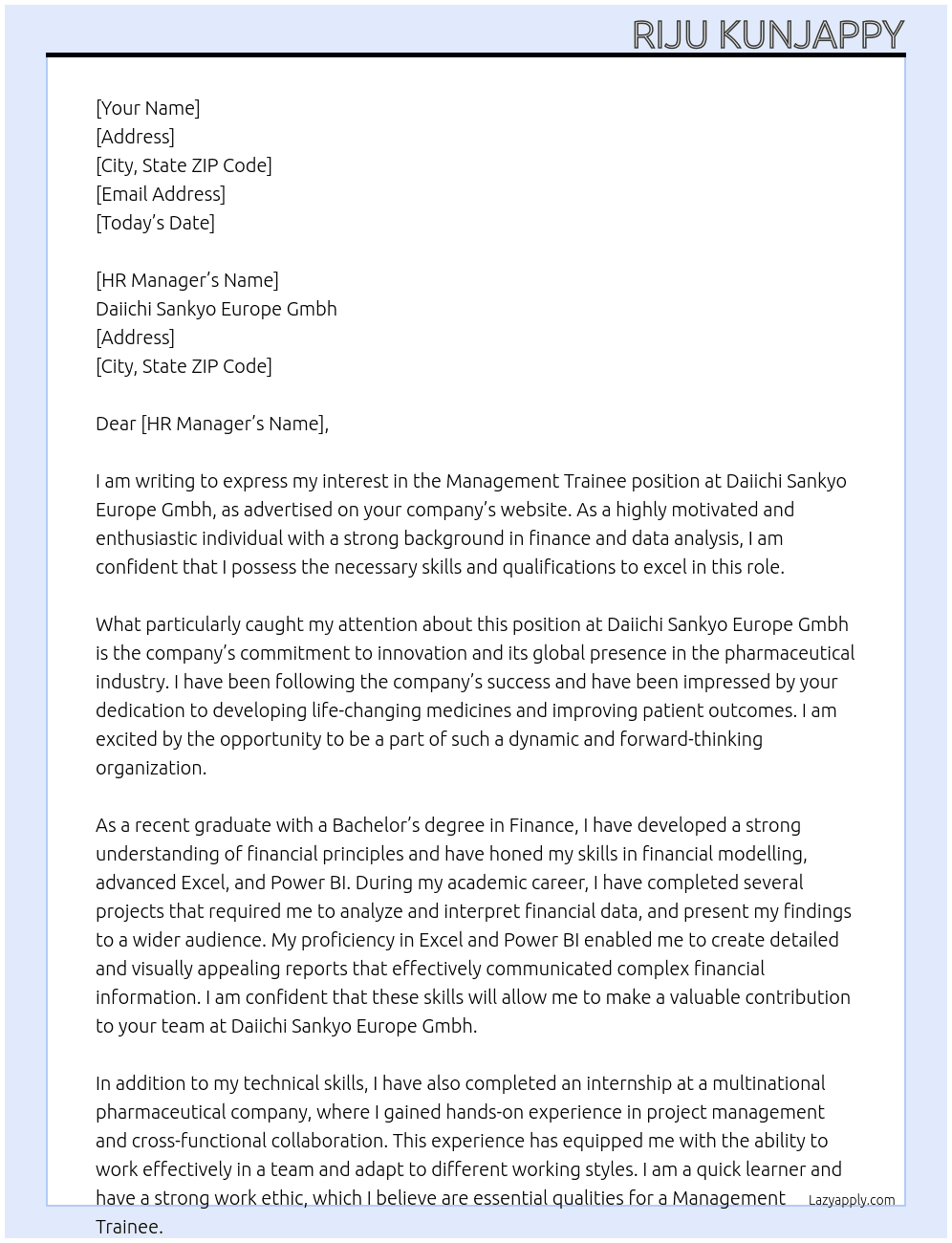 Management Trainee At Daiichi Sankyo Europe Gmbh Cover Letter