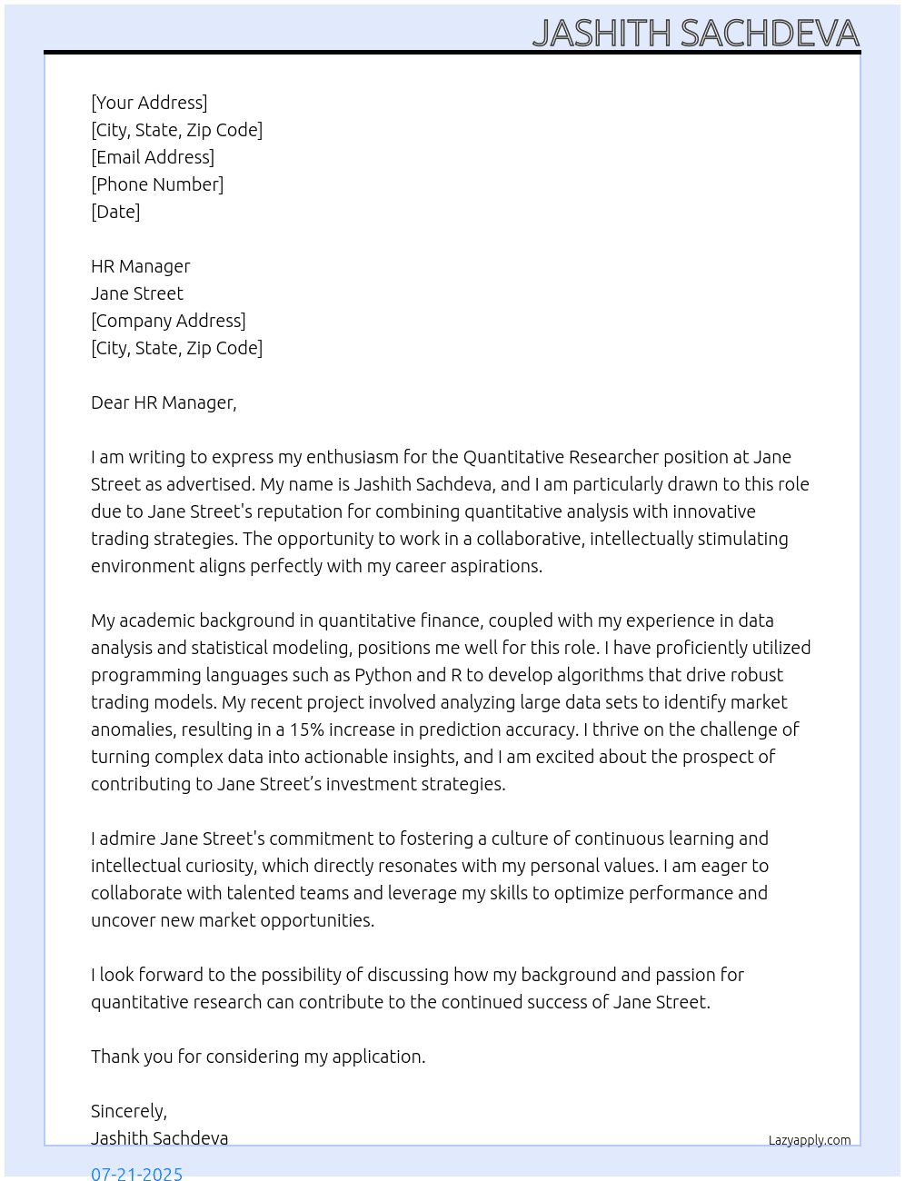 Cover letter for quantitative researcher - LazyApply