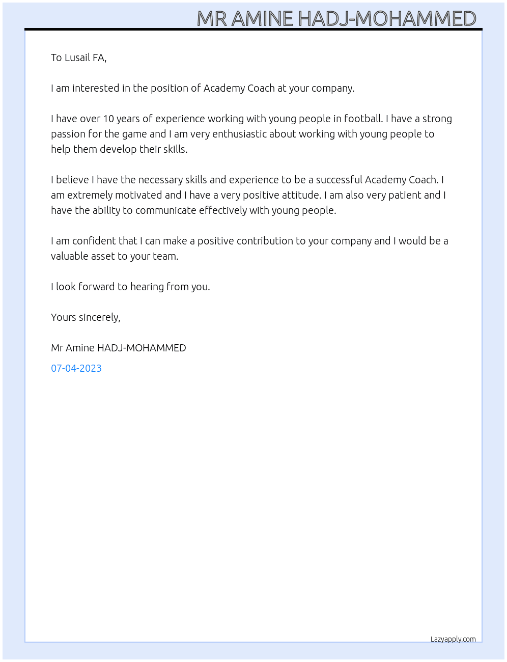 Academy Coach At Lusail FA Cover Letter