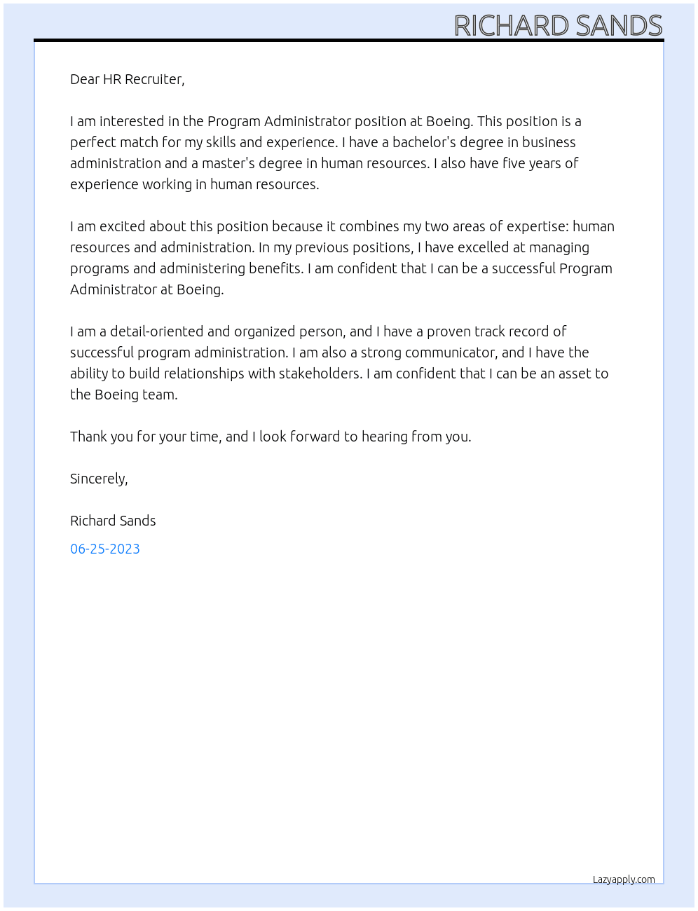 program administrator At boeing Cover Letter