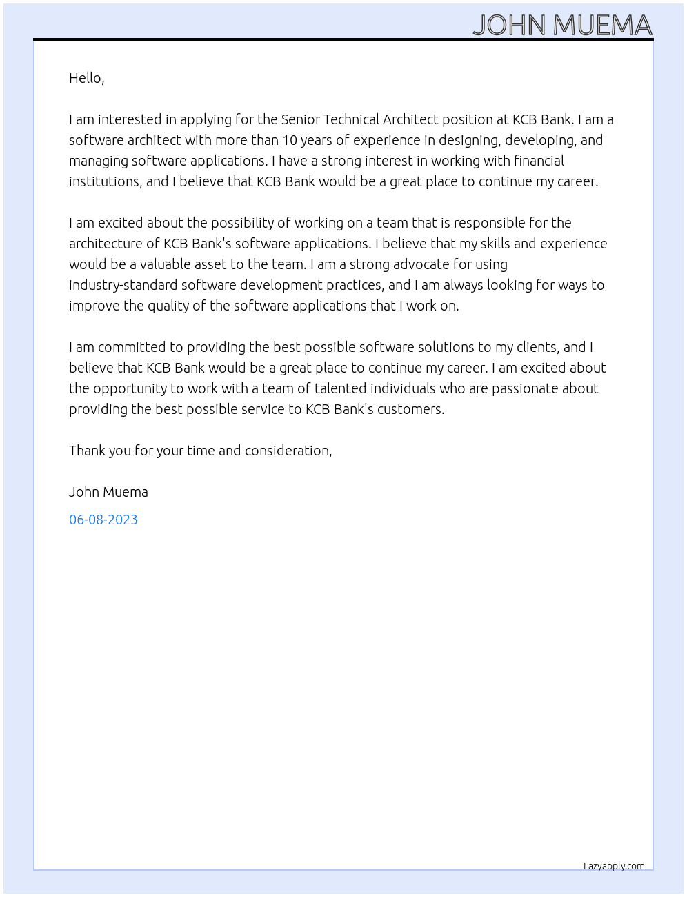 Senior Techincal Arcihtect At KCB Bank Cover Letter