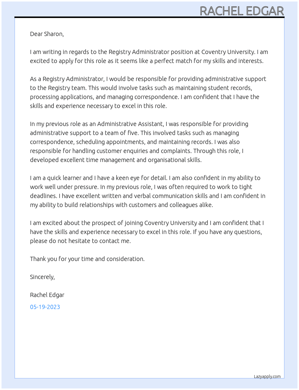 Registry Administrator At Coventry University Cover Letter