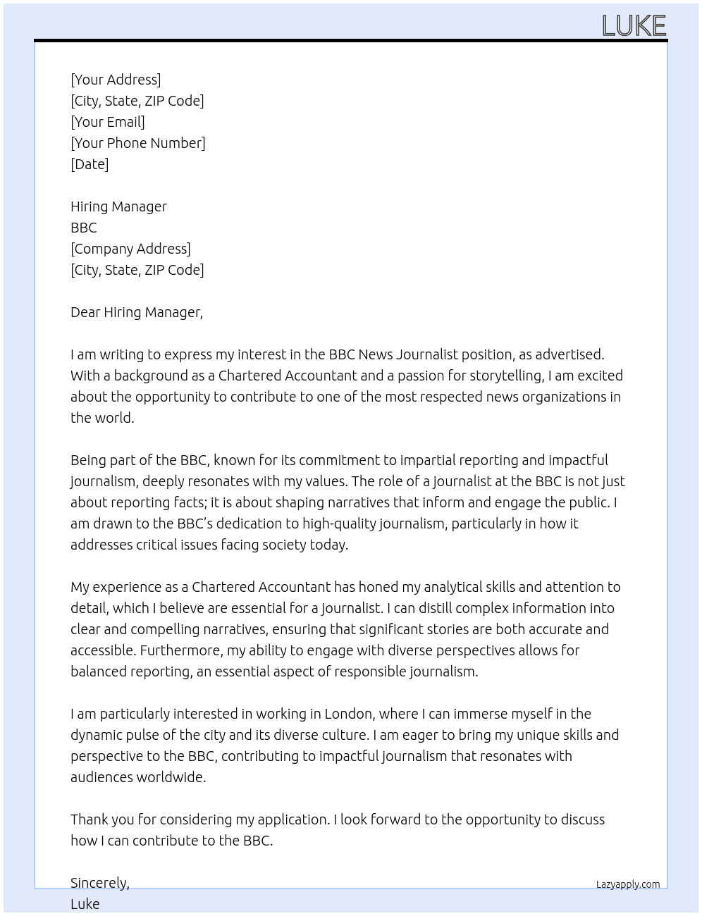 BBC News Journalist At BBC Cover Letter