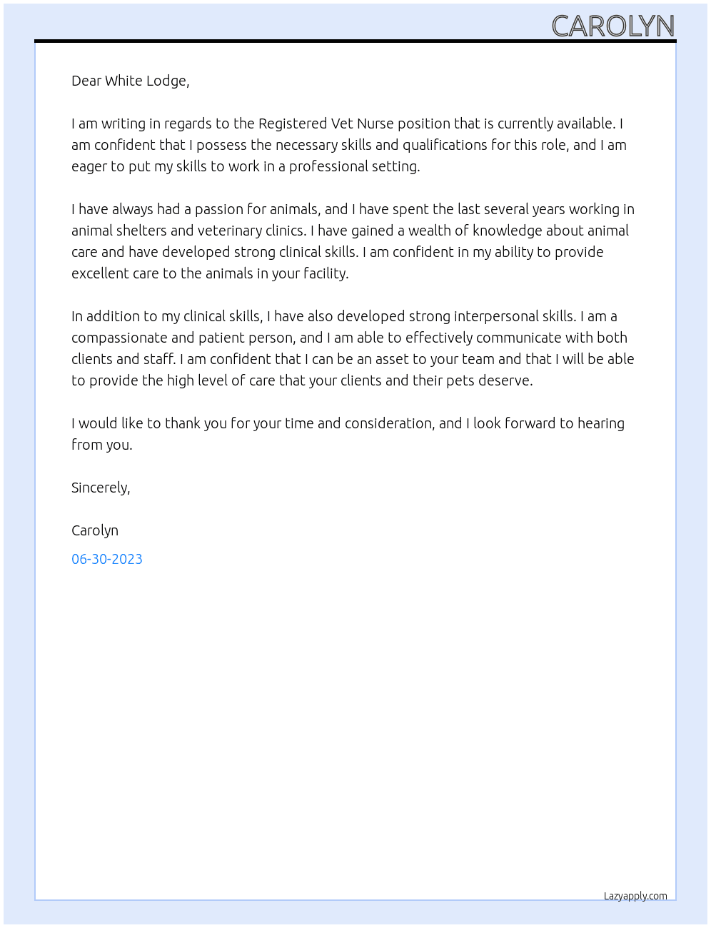 Registered Vet Nurse At White Lodge Cover Letter