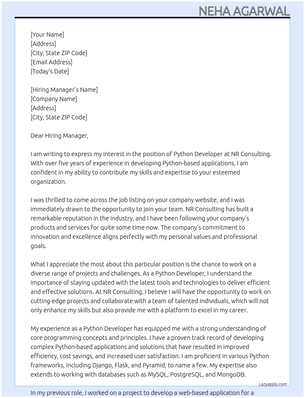 Python Developer At NR Consulting Cover Letter