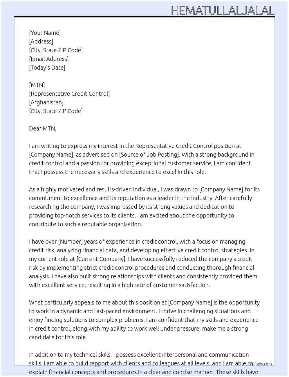 Representative Credit Control At Afghanistan Cover Letter