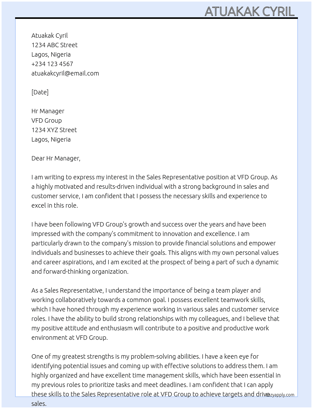 Sales Representative At VFD Group Cover Letter