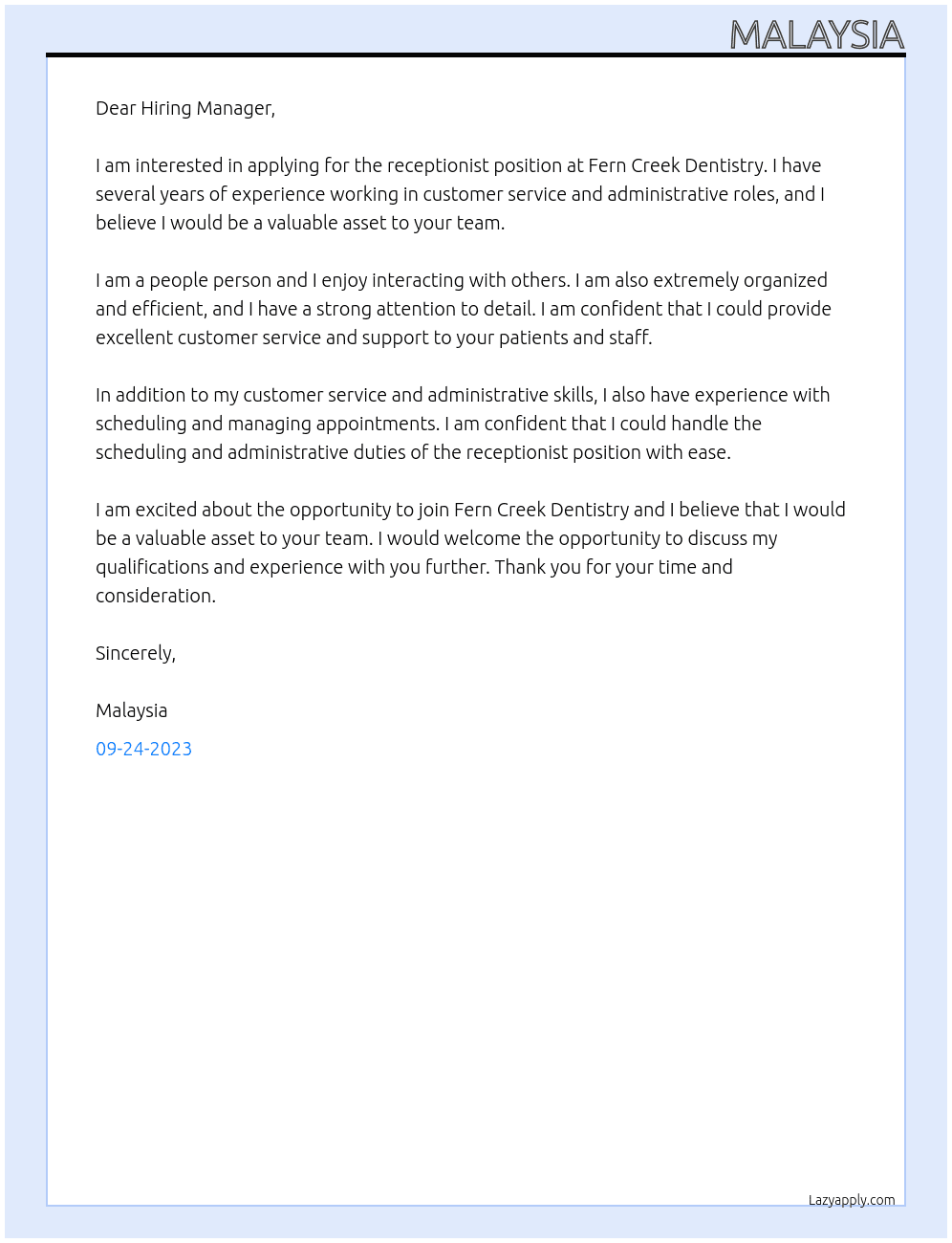 Receptionist At Fern Creek Dentistry Cover Letter