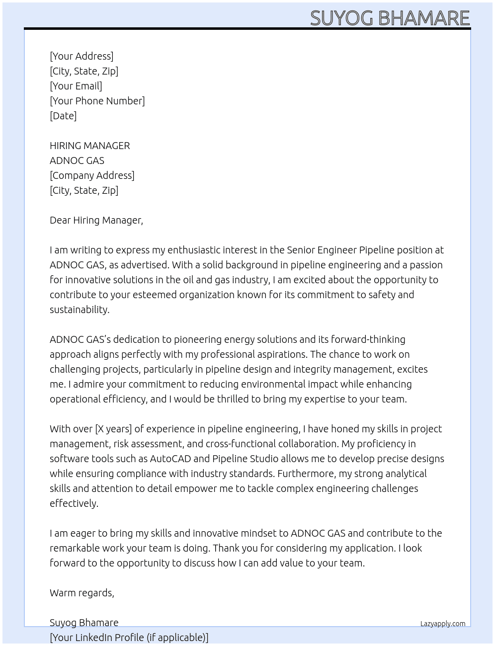 senior engineer pipeline At ADNOC GAS Cover Letter