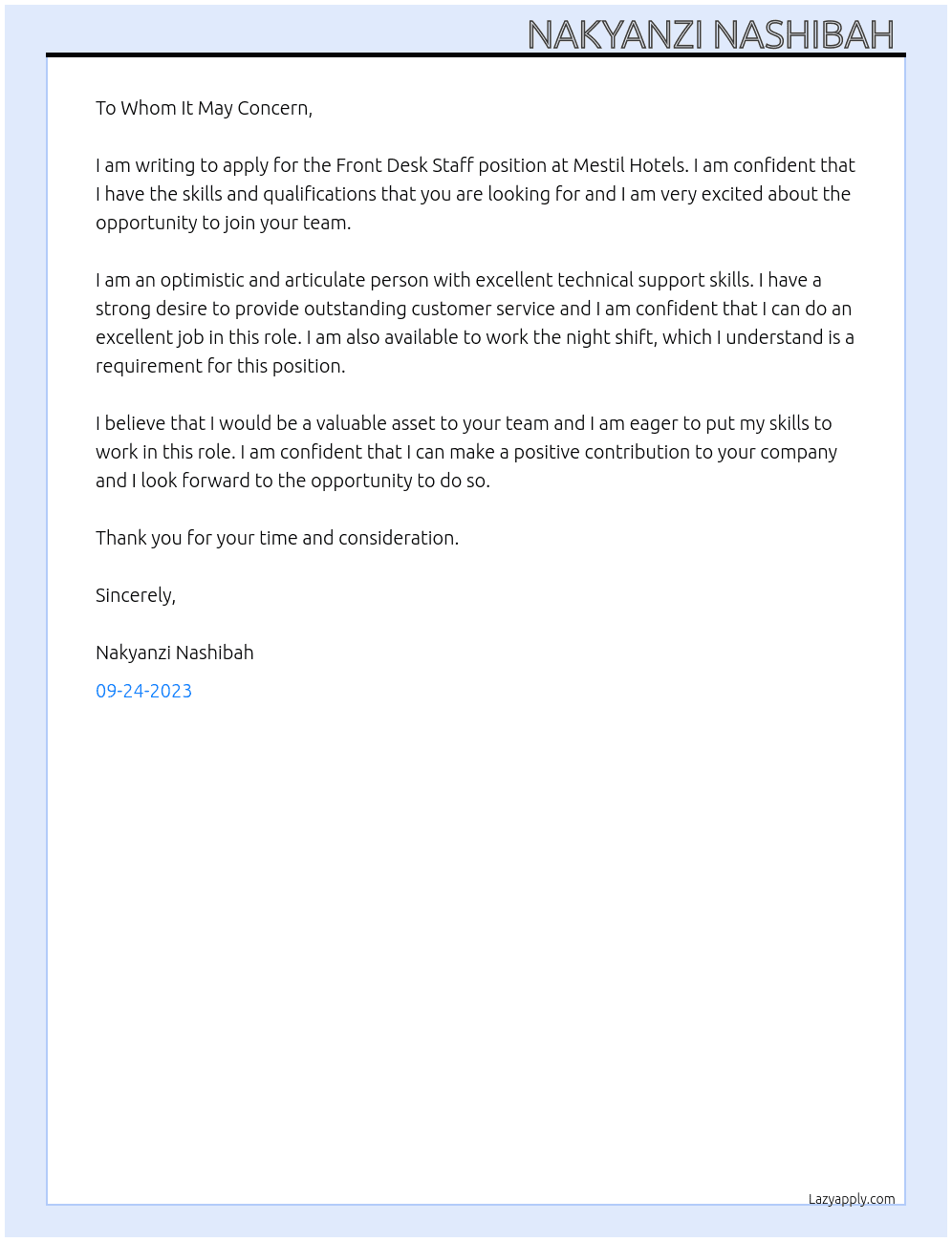 Front Desk Staff  At Mestil Hotels  Cover Letter