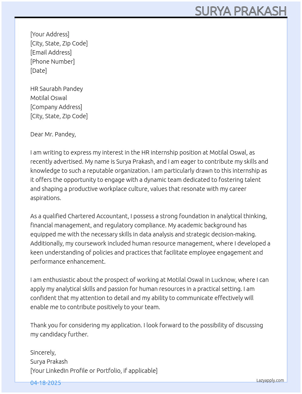 HR At Motilal Oswal  Cover Letter
