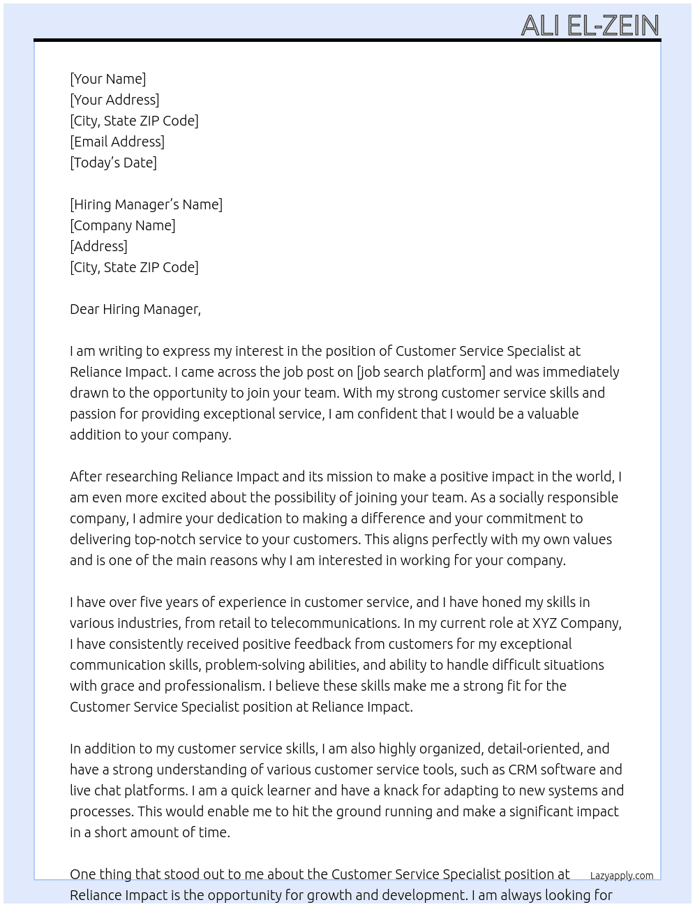 Customer Service Specialist At Reliance Impact Cover Letter