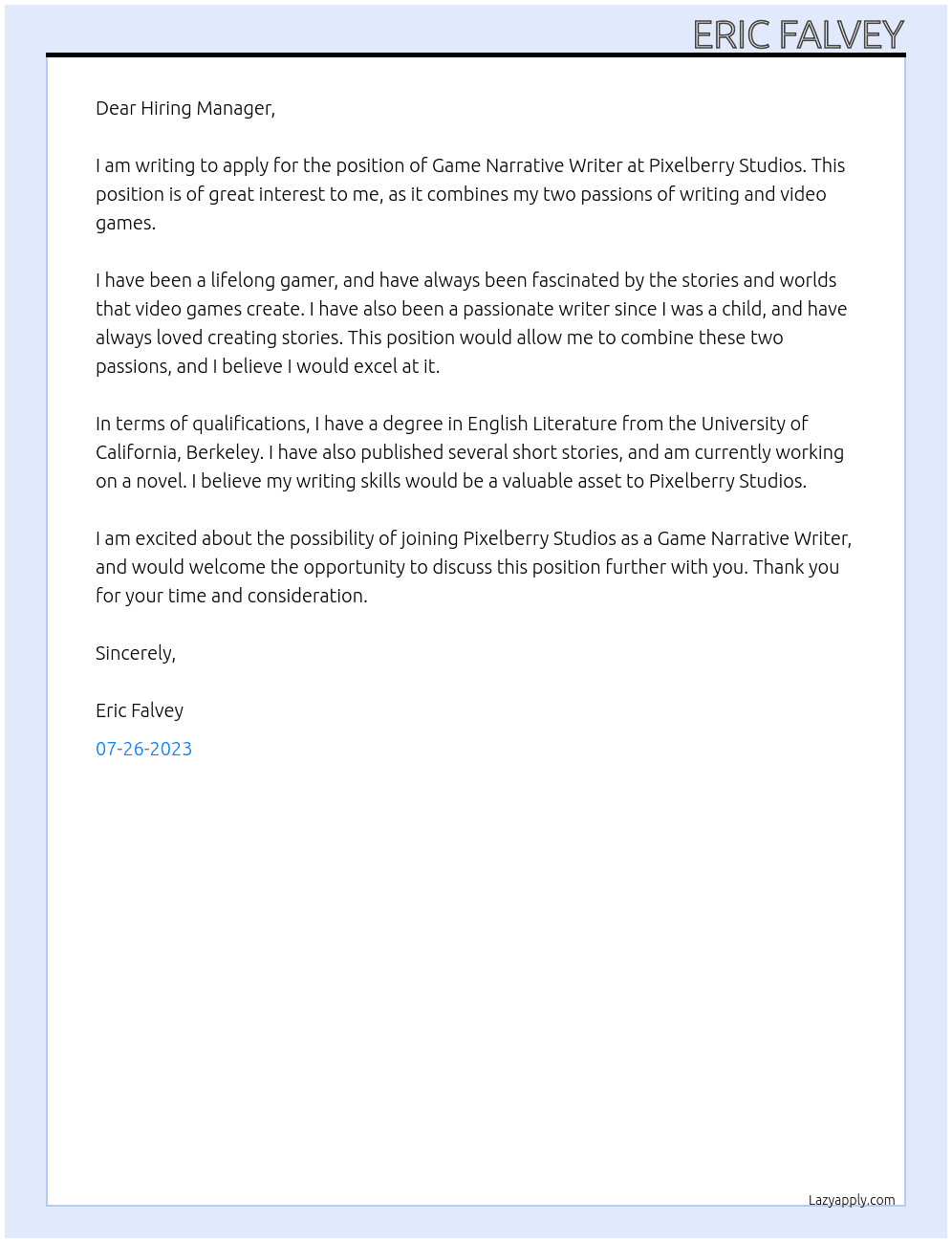 Game Narrative Writer At Pixelberry Studios Cover Letter