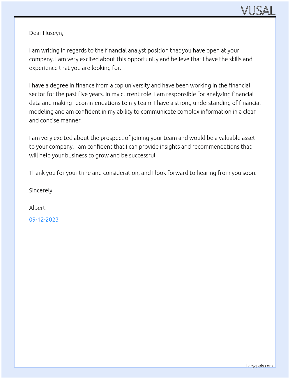 Financial analyst At Huseyn Cover Letter