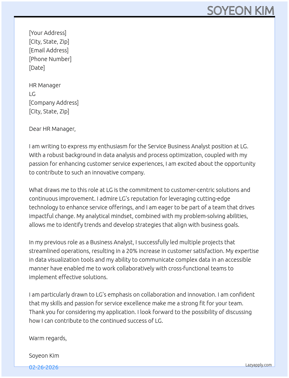 Service Business Analyst At LG  Cover Letter